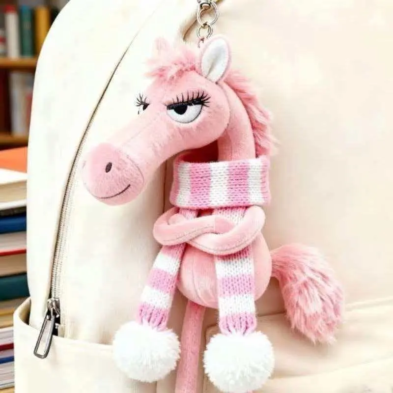 Cute Horse Plush Keychain with Striped Scarf, Unisex 2026 Year of the Horse Zodiac Mascot, Lucky Bag Charm Pendant, Ideal Accessory for Couples, Keychain Details, Valentine, Zodiac Motif, Horse Shape