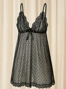 Black Lace Babydoll Lingerie, Polka Dots Cute Nightdress, Sheer Nightgown, Deep V neck Adjustable Strap Nightwear
