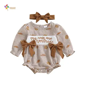 Baby Girl Thanksgiving Outfit Plaid Croissant Letter Embroidered Long Sleeve Romper And Headband 2 Piece Fall Clothes Set