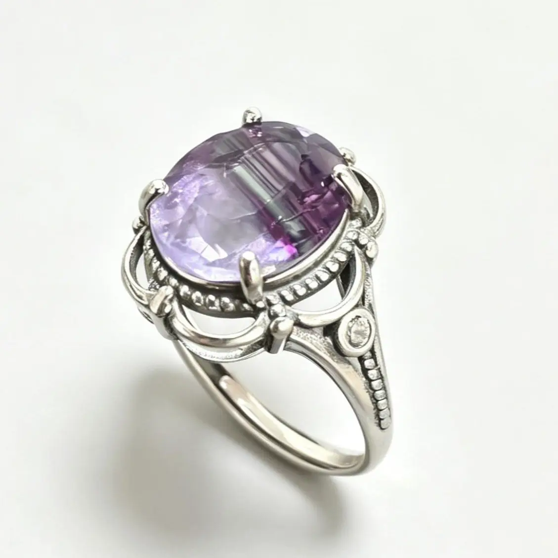 Unisex 11.9×9.8mm Natural Rainbow Fluorite 925 Sterling Silver Adjustable Ring, Bohemian Vintage Ornate Crystal Statement Ring for Birthday, Wedding, Anniversary, Oval Cut