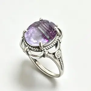 11.9×9.8mm Natural Rainbow Fluorite Ornate 925 Sterling Silver Adjustable Ring | Vintage Crystal Statement Ring