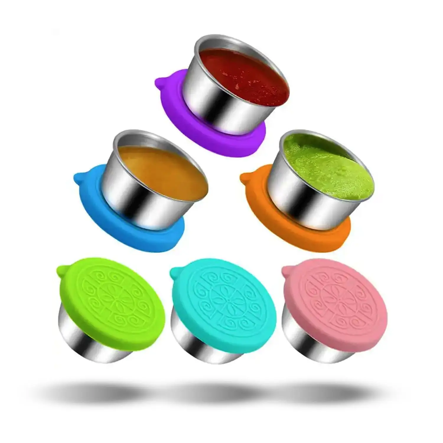 6pcs Stainless Steel Salad Dressing Containers - 2.36Oz/70Ml Leakproof Silicone-Lidded Reusable Condiment Cups, Dishwasher Safe Kitchen Utensils for Work, Picnic