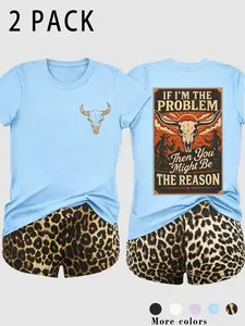 Women's 2-Piece Western Style Graphic Print T-Shirt + Leopard Shorts Set, Vintage Poster Print, Skull Detail, Soft Cotton, Streetwear