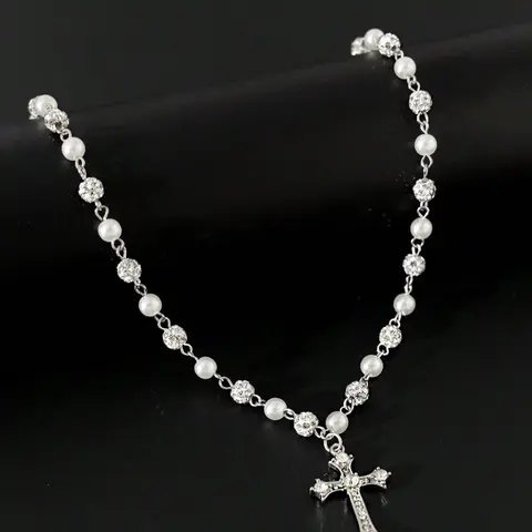 Vintage-Style Faux Pearl Necklace with Rhinestone Cross Pendant, Men's Hip Hop Punk Jewelry, Bling Faux Pearl Chain Necklace, Trendy Necklace, Necklace Gift