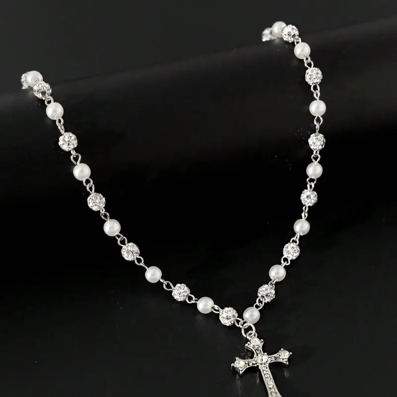 【Black Friday】Men's Vintage Faux Pearl Necklace with Rhinestone Cross Pendant, Punk Hip-Hop Style Bling Chain Jewelry, Ideal Gift