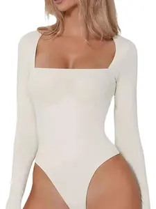 ADORESSA Long Sleeve Tummy Control Slimming Sexy Bodysuit with Square Neck and Thong Design - Body Shaper for Women Stretchy Spandex in Black Brown White Casual Slim-fitting Plain Color Square Neck Womenswear Tops
