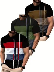 Men'S Fashion Spring Summer Contrast Color Geometric Stripe Patchwork Regular Fit Crew Neck Short Sleeve T-Shirt 3pcs Multi-Tone Optional Casual Top Perfect Gift Choice