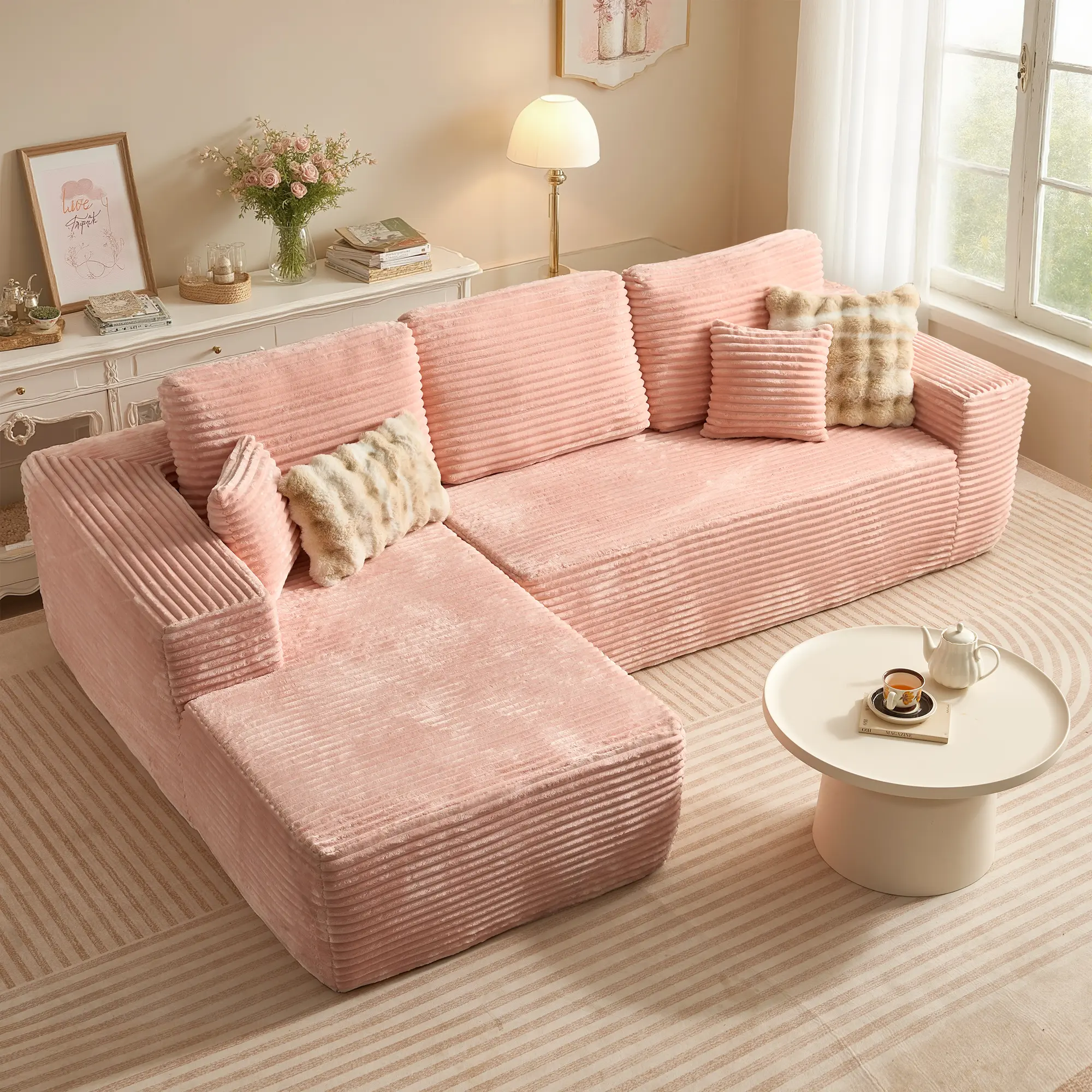 Pink Plush Corduroy Left Chaise