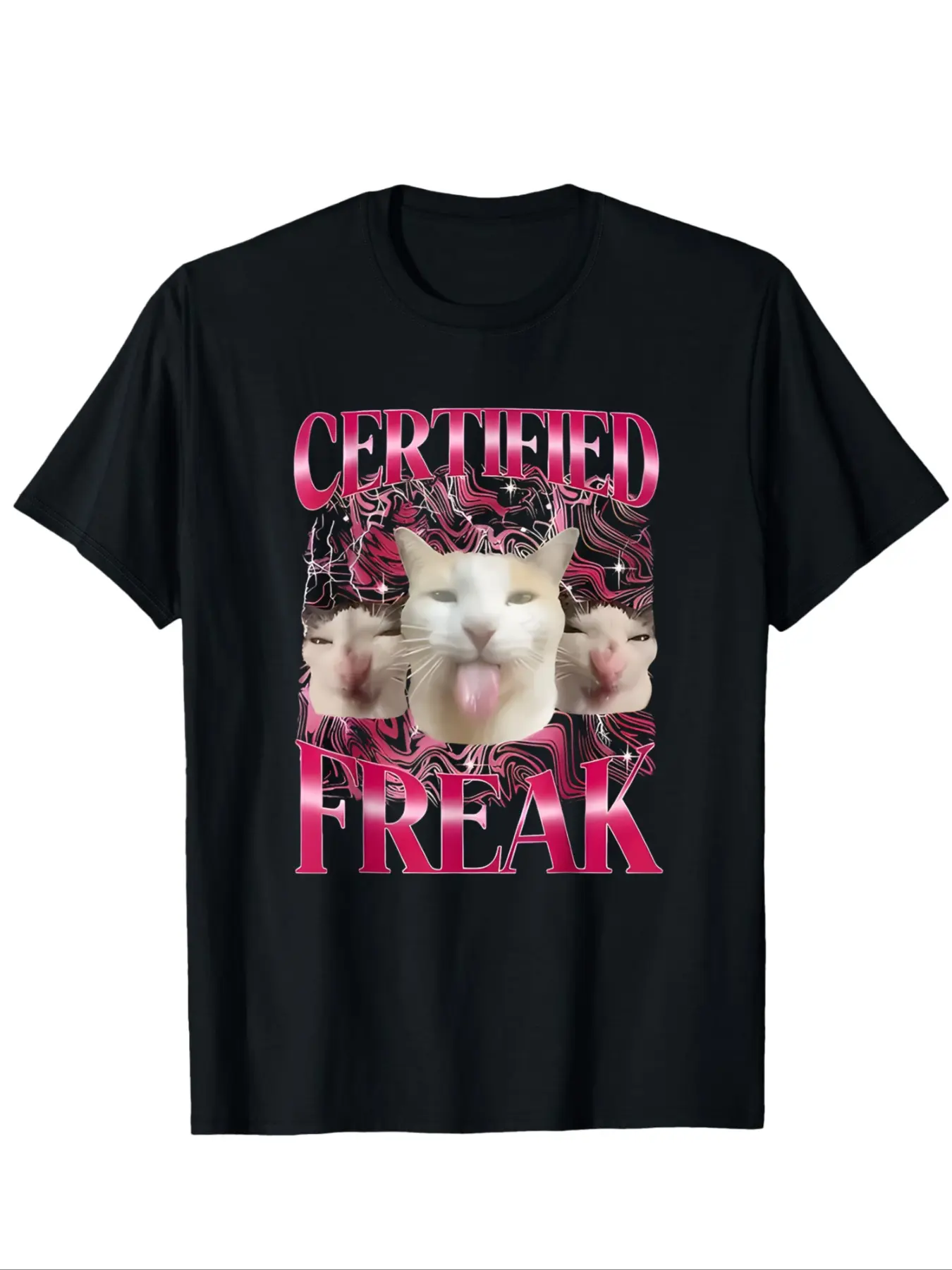 Black Funny Trippy Cat Graphic T-Shirt, Top, Fitted, Man, 'Certified Freak' Vibrant Pink Quote Tee, Psychedelic Multi-Cat Face Apparel, Humorous Cat Lover Shirt, Soft Comfortable Fabric for Daily Casual Wear, Street Style, Streetwear