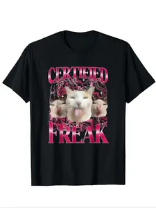 Black Funny Trippy Cat Graphic T-Shirt, Fitted - "Certified Freak" Vibrant Pink Quote Tee, Psychedelic Multi-Cat Face Apparel, Edgy Humorous Cat Lover Shirt, Soft Comfortable Fabric Perfect for Daily Casual Wear, Street Style Showcases, Cat Lover Ga