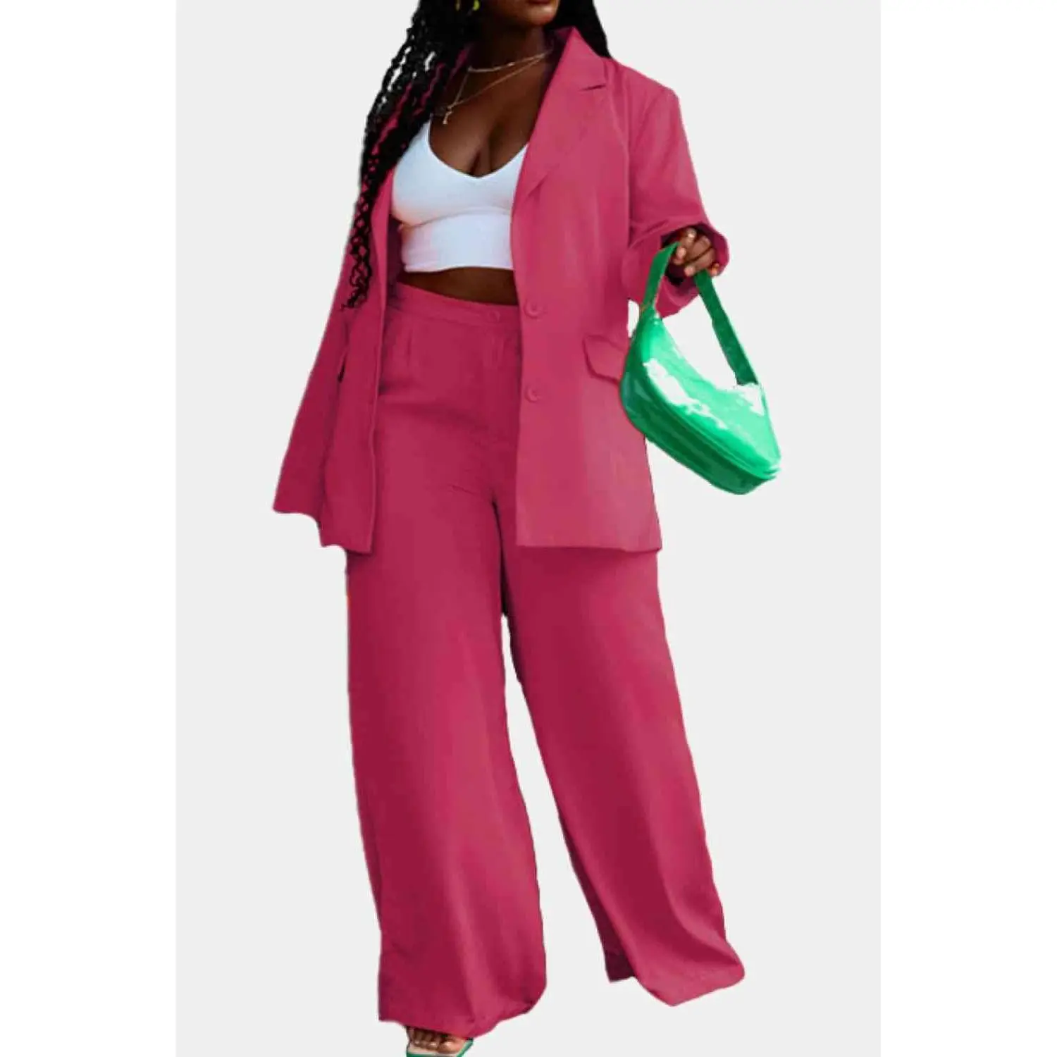 Lapel Collar Buttoned Blazer and Long Pants Set