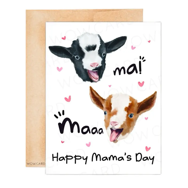 WOWcard - Happy Mama’s Day Card Featuring Baby Goats, A2 Size, 4.25x5.5 Inches, Customizable, Free Kraft Envelope, Handmade Design