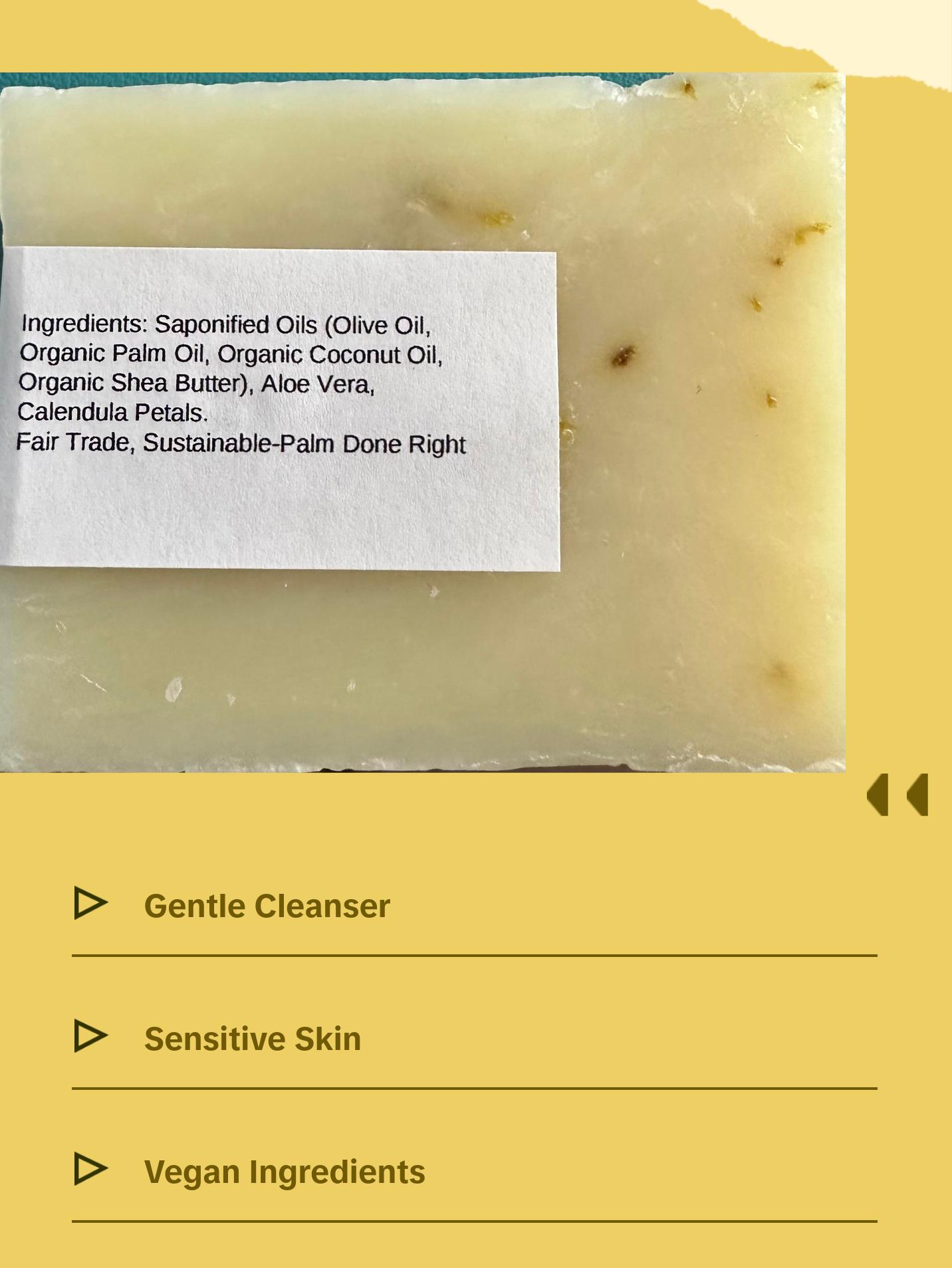 Organic Aloe Calendula Bar Soap: (Unscented, All-Natural, Vegan, Aloe-Infused) Cleanser, Facial Cleansing, Facial Wash ,Gentle Skincare ,Body Care, Soothing Sensitive Coconut Nourishing