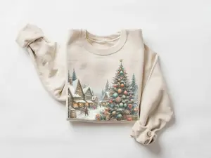 Vintage Christmas Village Sweatshirt, Retro 90s Winter Cabin Crewneck, Pine Trees Holiday Scene Pullover, Cozy Boho Christmas Gift