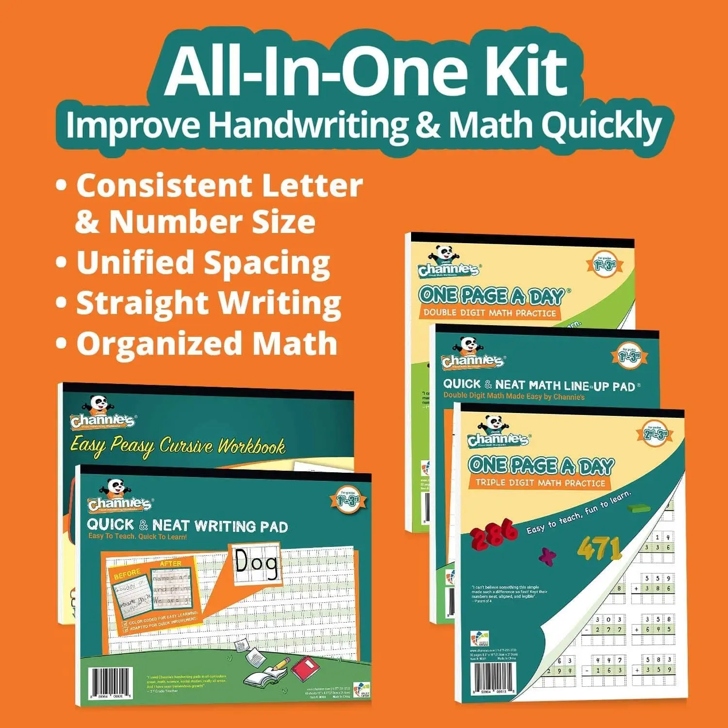 Channie’s All-In-One Kit – Visual Handwriting & Math Practice for Grades 1–3 5 Workbooks + FREE Alphabet Card | Visual Learning System