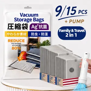 Vacuum Bags for Travel with Rechargeable air Pump, Carry-on Size Compression Packing Bags for Luggage and Suitcase, Space Saver for Clothes and Clothing 9/15 Combo Travel Size