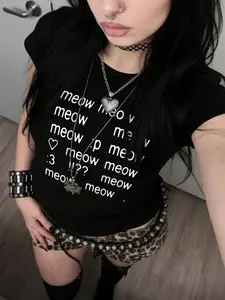 Women's Cute Cat "Meow" Graphic T-Shirt, Y2K Grunge Slim Crop Top, Black Short Sleeve, Trendy Fashion Summer Casual Wear, Streetwear