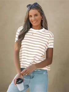 Women's Color-Blocked Striped Print Crew-Neck T-Shirt, Casual Short-Sleeve Top, Summer Everyday Outdoor Commute Top