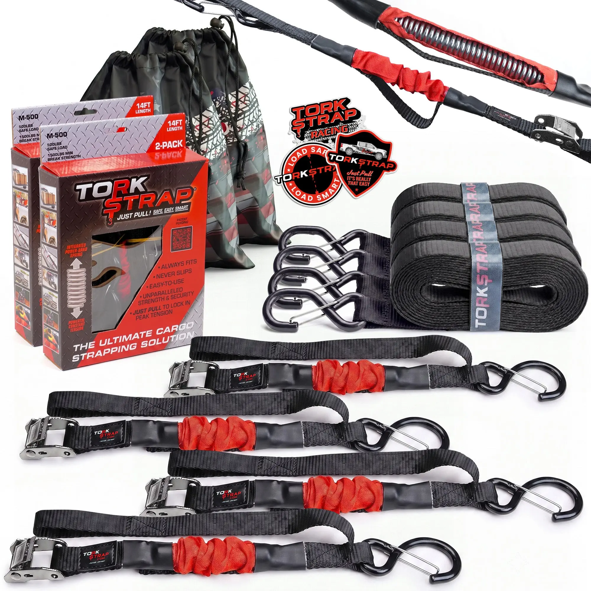 TorkStrap M500 14ft x 1in Spring Loaded Cargo Straps - For Coolers, Kayaks, Lawn Mowers, Mountain Bikes, Dirt Bikes - Premium Tie Downs for Trucks, Vans and SUVs - Faster Than Ratchet Straps - Self Tensioning, 500lb Load Capacity, 1500lb Break Strength