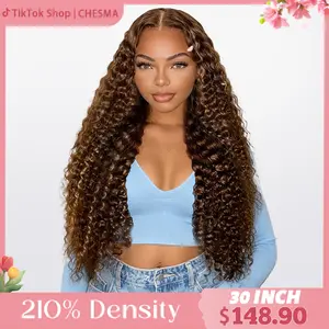 CHESMA 13x6 Ombre Highlight Water Wave HD Lace Front 210% Density Honey Blonde Curly Human Hair Wigs for Beauty