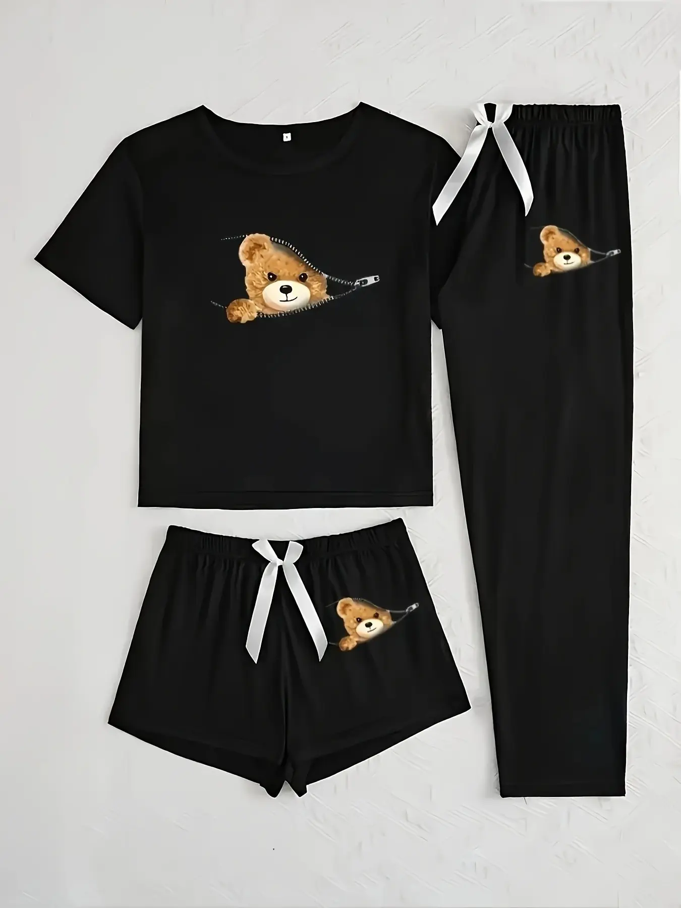 Zipper Bear Three-Piece Set, Cartoon Pattern, Loose-Fitting Casual Home Wear, All-Seasons Comfortable, Ideal for Daily Use, Loungewear, Everyday