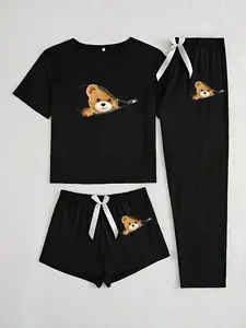 Zipper Bear Three-Piece Set, Cartoon Pattern, Loose-Fitting Casual Home Wear, All-Seasons Comfortable, Ideal for Daily Use, Loungewear, Womenswear