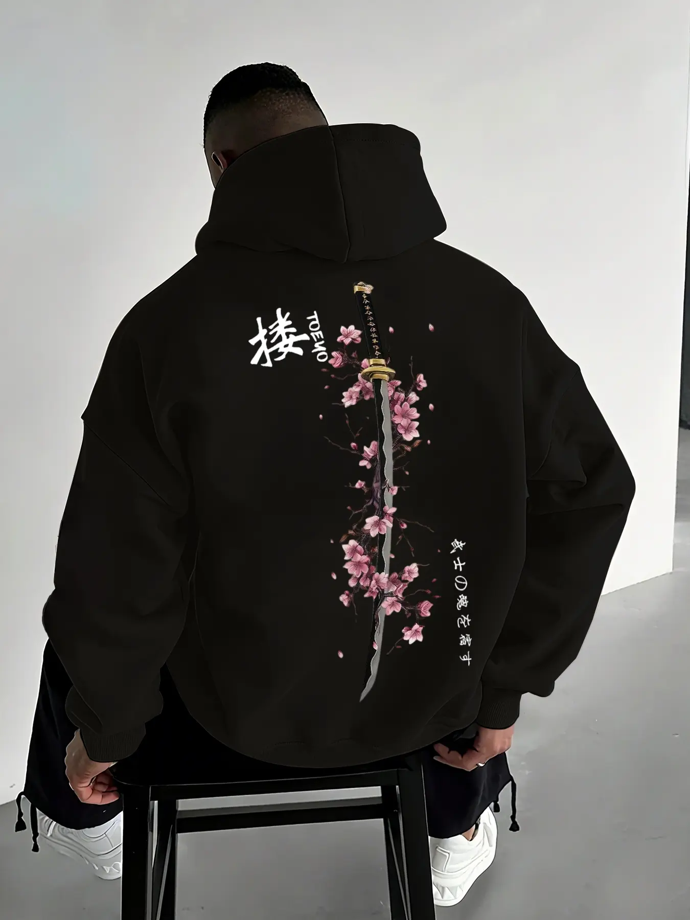 Men's Floral Samurai Print Fleece Long Sleeve Hoodie, Unisex Casual Versatile Top, Fall & Winter Fashion, Loose-Fitting H-Type Sweatshirt, Flower Hoodies