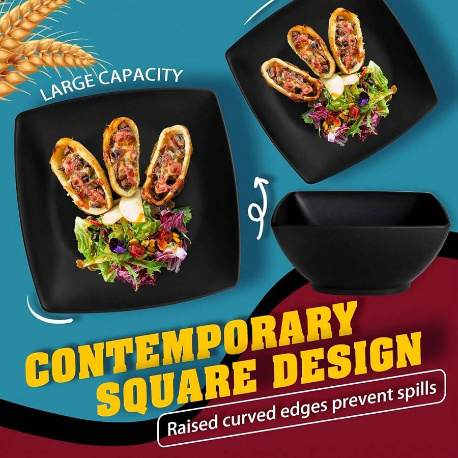 16/32Pcs Plastic Square Dinnerware Set - Durable Dishwasher Safe Microwave Safe, Stackable, Space-Saving - For 4 People, Includes Dinner Plates, Salad Plates, Snack Bowls, Tumblers 20 Oz