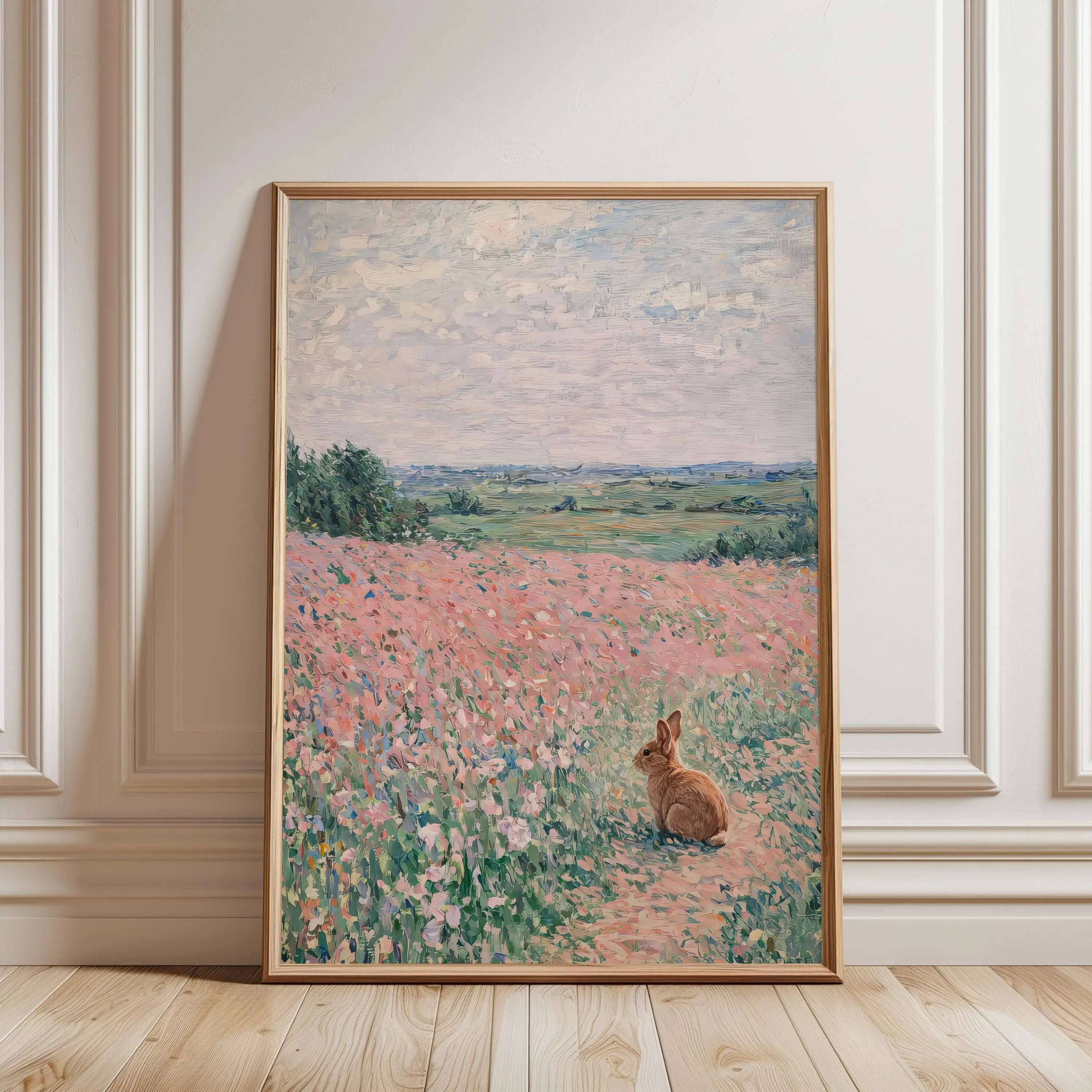 [SALE UP TO 40%] [Unframed] Monet Pastel Wildflower Oil Painting, Easter Bunny Print, Floral Landscape Spring Art, Vintage Botanical Poster, Neutral Cottagecore Decor