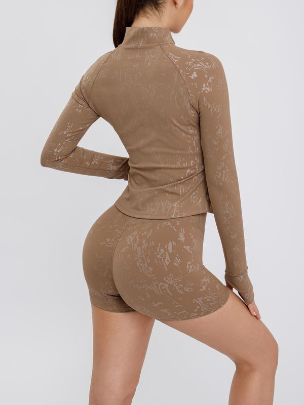 S&W Women's Yoga 3-Piece Set - Biker Short, Tank Top, Jacket with Zipper - Tie-Dye in Apricot Blue & Black - High-Rise Collar, 4-Way Stretch