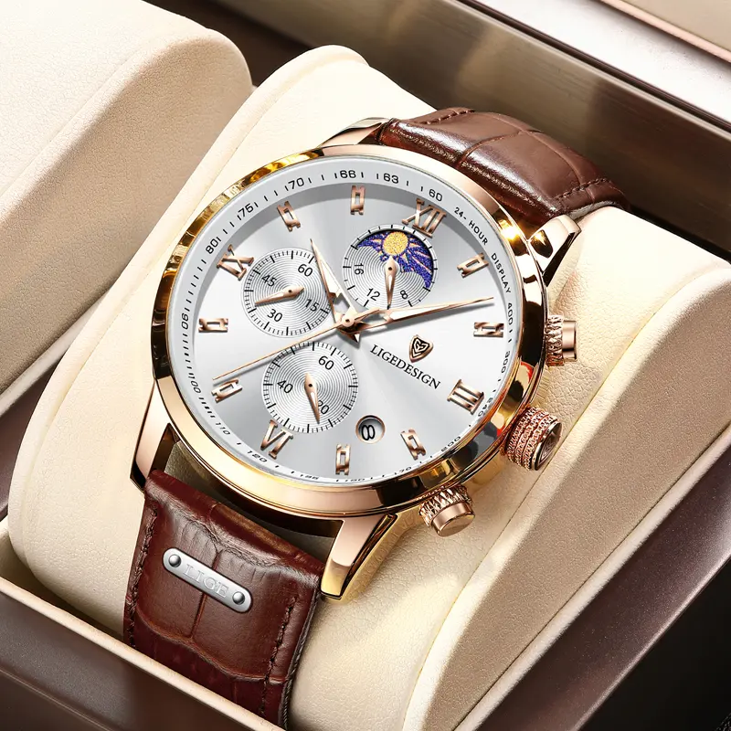LIGE Men's Classic Business Watch with Leather Strap, Multifunctional Chronograph and Moonphase Calendar, Multifunctional Watch, Men's Watches