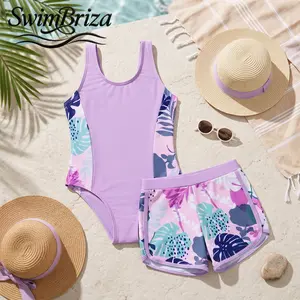 Briza｜Girls Tank Strap One Piece Swimsuit Lavender Tropical Floral with Matching Swim Shorts, Stretchy Quick-Dry Bathing Suit Set for Beach Vacation, Pool Swimwear, Summer Resort Confidence-Ready, Girls Swimwear, Kids Bathing Suit