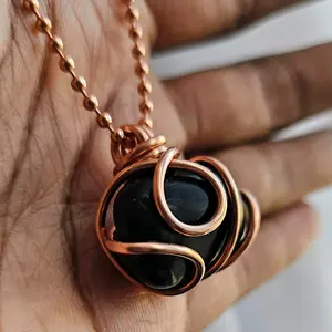 2.4mm Ball Chain Black Tourmaline Crystal Pendant Necklaces 24 Inches, Thick 14 Gauge Copper Wire Wrapped Jewelry, - Protection and grounding - Energy purification - Emotional stability [Made-to-Order]