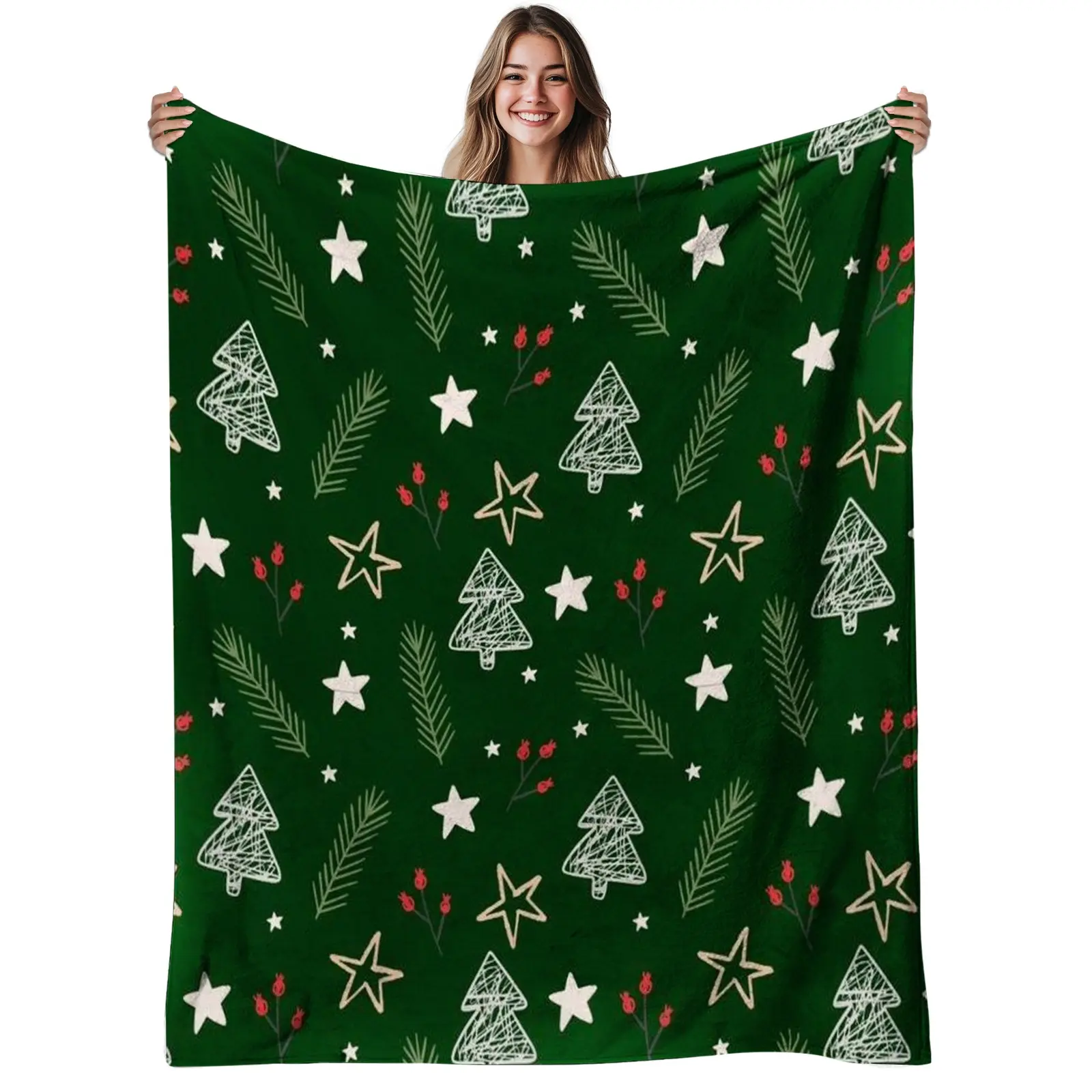 1pc Soft Warm Green & Burgundy Christmas Tree Star Flannel Blanket - Burgundy/Green/Golden/Red Plaid Design with White Stars & Pine Tree Patterns, Christmas Tree Comforter, Christmas Tree Blanket, Christmas Decorations Blanket, Christmas Mantle Decor
