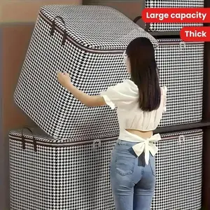 Large Dog Tooth Pattern Fabric Storage Box, Foldable, Dustproof Moisture-proof, Dual Zipper with Handles, Laundry Basket, Home Use, Portable, Fabric Storage Organizer, Room Organization Products