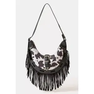Fame Cow Print Faux Leather Fringe Hobo Bag