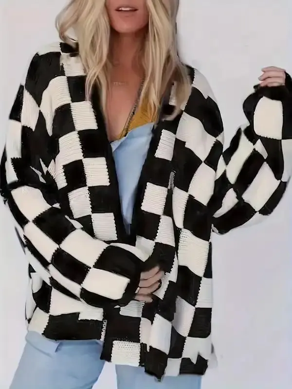 [Plus Size] Plaid Print Drop Shoulder Cardigan, Casual Loose Fit Long Sleeve Open Front Knit Fabric Knitwear for Fall, Long Sleeves Cardigan for Women, Women's Plus Clothing for Daily Wear, Downtown Girl Clothes Christmas