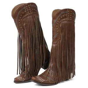 Leather Western Cowboy Boots for Women with Long Fringes Gold Studs  Knee-High Retro Western Style Boots Pointed Toe Block Heel Statement Footwear for Country Music  Casual Outings & Bohemian Looks autumn winter warm walking shoe
