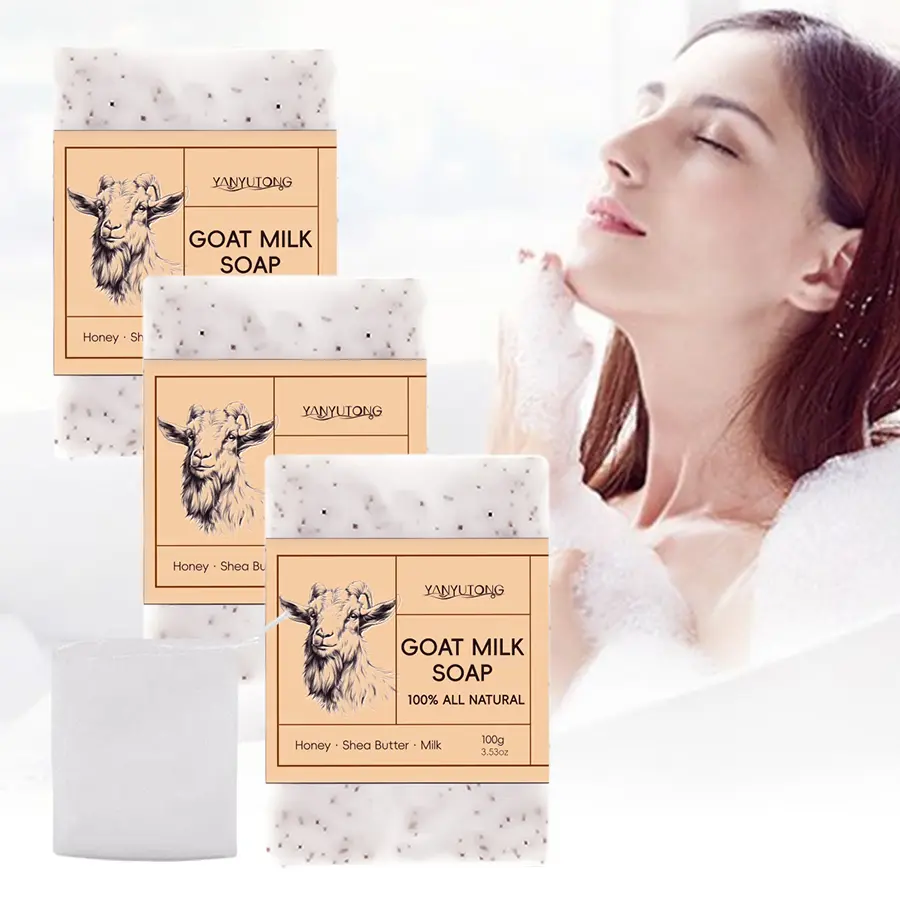 3 pieces of 100g goat milk soap, Natural Soap, gentle and non irritating, deeply cleanses pores, moisturizes and hydrates facial and body skin, does not dry skin, suitable for all skin types, suitable for both men and women, containing a foaming net