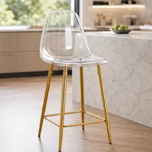 ARCH Modern Clear Plastic Bar Stool with Gold Metal Legs, 40 Inch Tall Counter Height Bar Chair for Kitchen Island, Dining Room, Home Bar, Easy Assembly, Transparent Seat, Anti-Slip Pads, 1 Pack, Gold/Transparent Color Options, Metal/Plastic Material