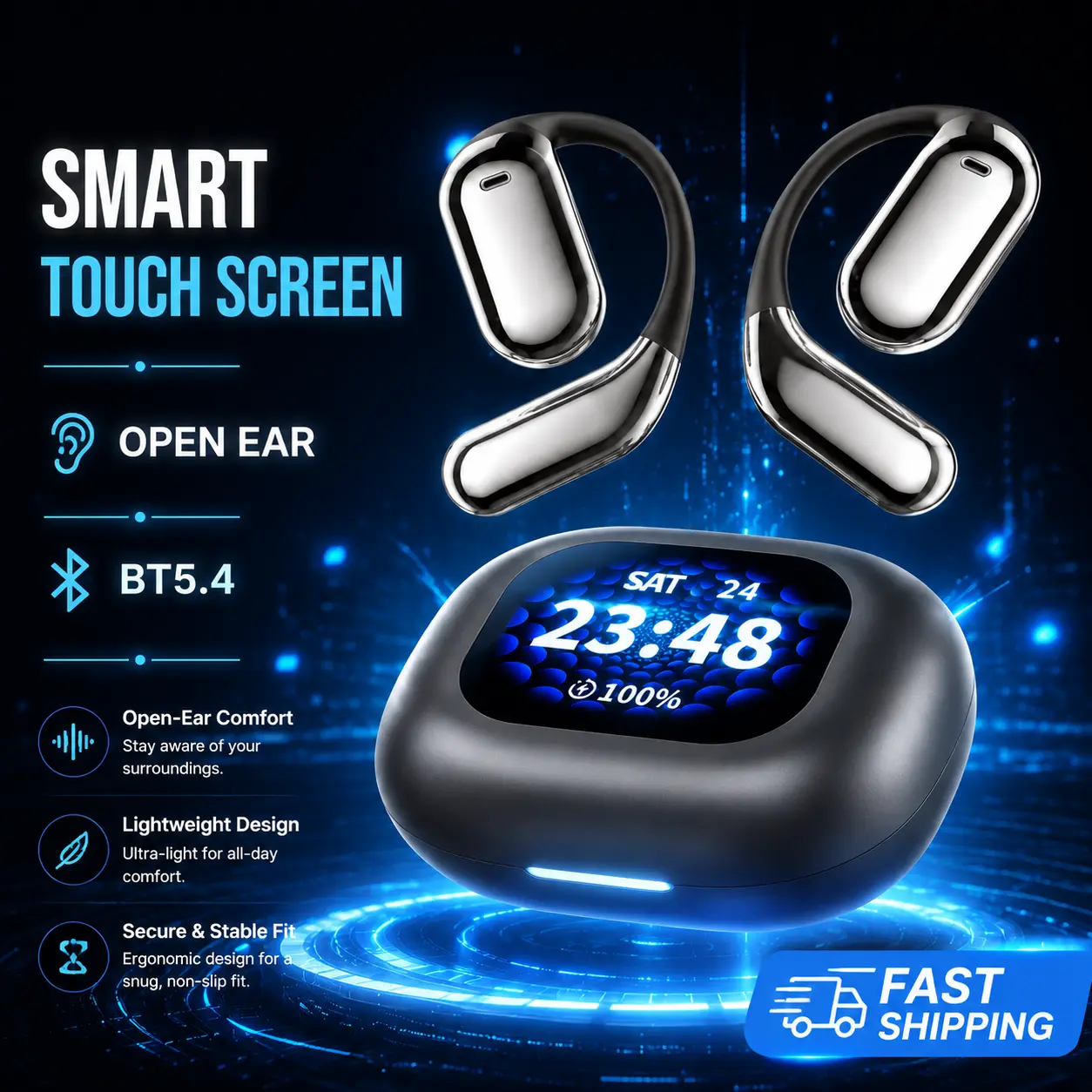 Smart Screen Open Ear Earbuds Bluetooth 5.4 Wireless Headphones with Touch Display Charging Case  AI Clear Calls, Sport Earbuds, Lightweight Secure Fit