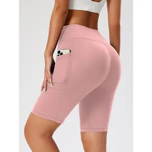 Women's High-Waist Black Yoga Shorts with Pockets - Tummy Control, Stretchy Running & Workout Leggings, Durable Polyester/Spandex Blend, Sleek Design