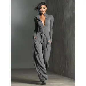 Sexy Fashion V-Neck Zipper Women's Sports Jumpsuit