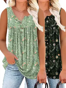Women's Ditsy Floral Print 2-Piece Summer Casual Vacation Set, Womenswear, Outfits, Sleeveless Henley Neck Top, Fitted Moderate Knit Fabric
