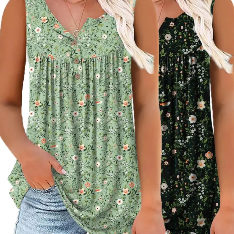 Women's Ditsy Floral Print 2-Piece Summer Casual Vacation Set, Womenswear, Boho Casual Summer, Bohemian Sleeveless Top, Fitted Moderate Knit Fabric, Floral Beach Tops, Casual Beach Tank