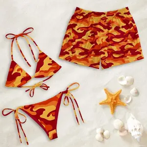 Matching Camo Swimwear Set, Red Orange Bikini, Men's Board Shorts, Couple Vacation Outfit Matching Couple Swimwear Set