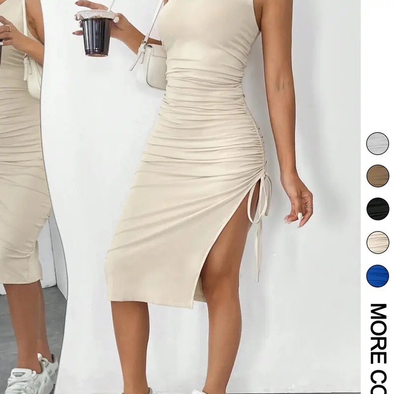 Women's Minimalist Drawstring Ruched Split Thigh Tank Dress, Solid Sleeveless Round Neck Fit Bodycon Dress, Sundress, Casual Plain Dress, Casual Wear, Dresses for Women, Ladies Clothes for Summer
