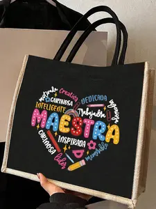 Maestra Theme Tote Bag and Makeup Pouch Set, Heart, Pencil, Ruler, Flower, Paperclip Patterns, Large Capacity Linen Shopping Bag, Skincare Organizer