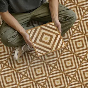 Wood Grain Geometric Tile Sticker, Self-Adhesive Floor Tiles, Thick Matte Surface, Easy Clean, Removable Wall and Floor Decor