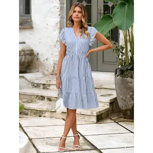 Simplee Striped V-Neck Flutter Sleeve Midi Dress | Casual A-Line Summer Dress | Elegant Daily Wear Sun Dress